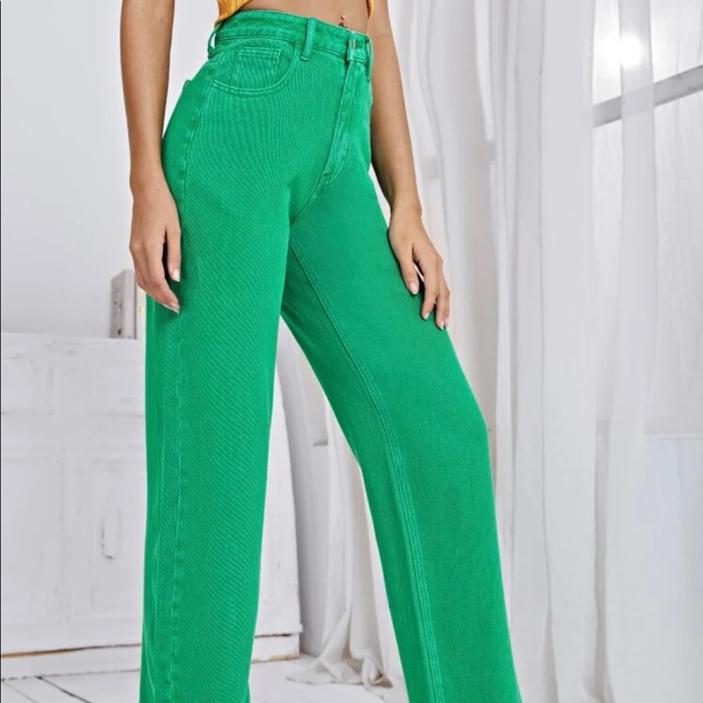Green high waisted, wide leg jeans